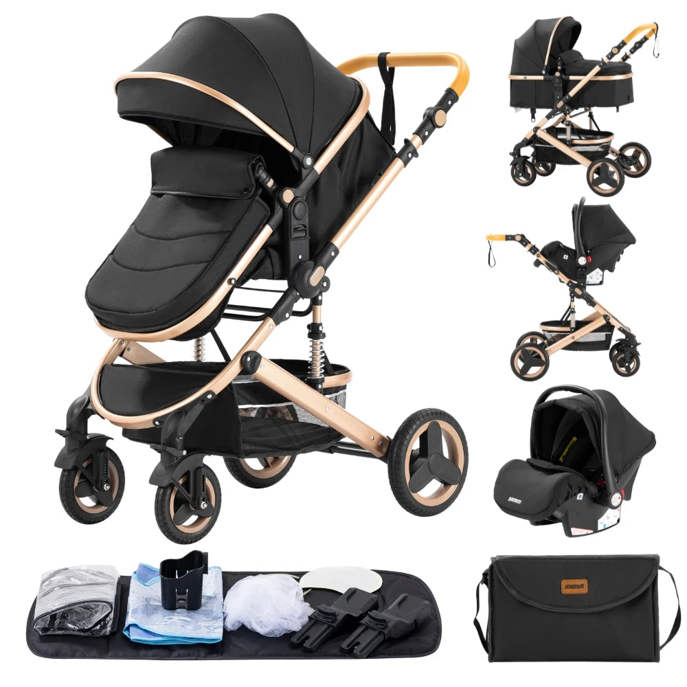 Kinderwagen - Kinderwagen 3 in 1 - Stroller - Opklapbare Wandelwagen - Luxe Kinderwagen - 3-in-1 Luxe Kinderwagen – Draagbare Reiswieg, Inklapbaar, Aluminium Frame voor Pasgeborenen - 530 black 3in1