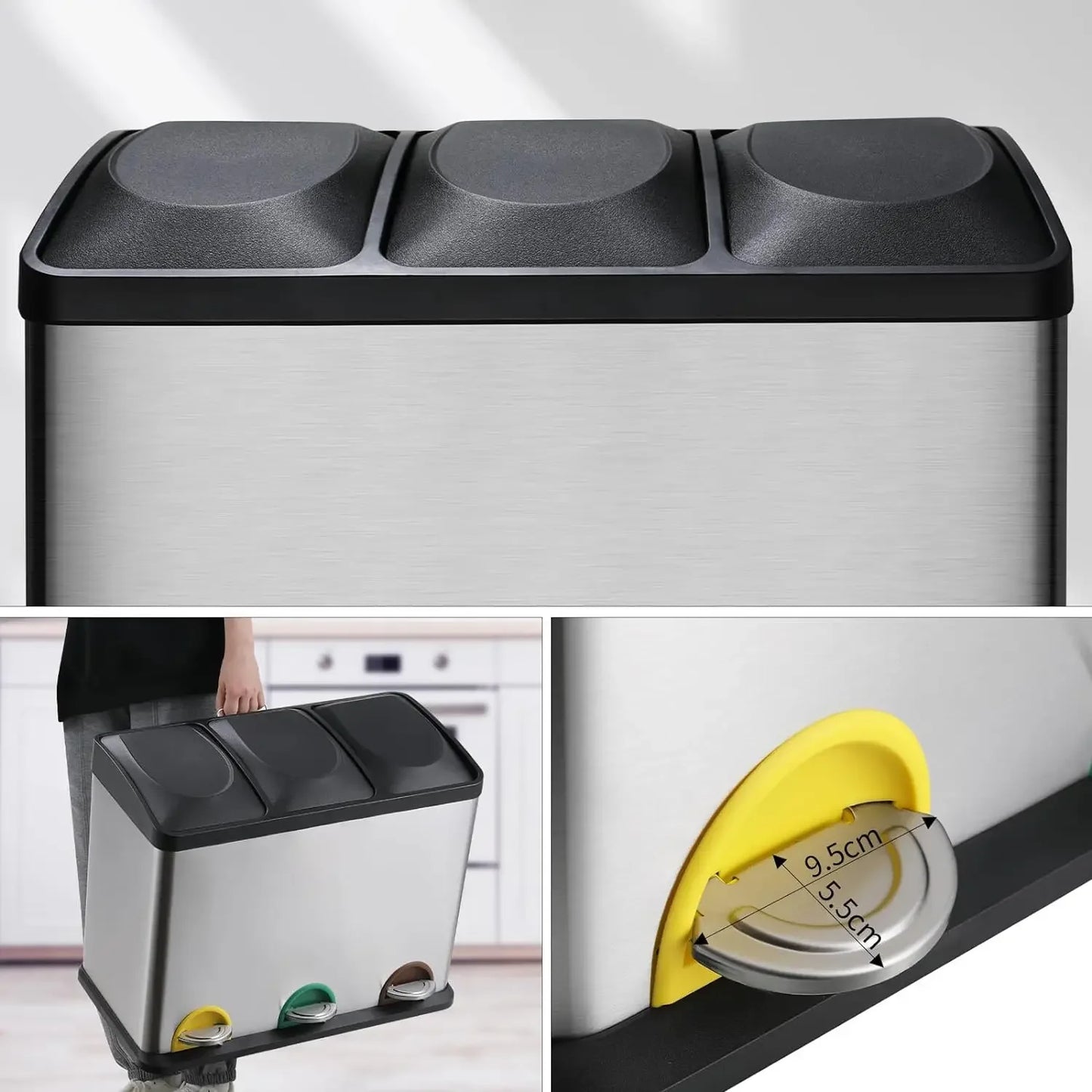 Prullenbak - Afvalbak - Trash Bin - Waste Bin - Prullenbakken  3-Vaks 24L – RVS Afvalscheiding voor Keuken – 3x8L – Soft-Close Deksel & Uitneembare Binnenemmers