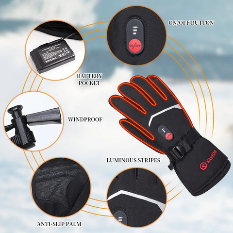 Savior Heat - Heated Gloves - Electric Heated Gloves - Winter Ski Heated Gloves - Heated Motorcycle Gloves - Goatskin - 3 Shift Temperature Control - Waterproof - Size L - Black