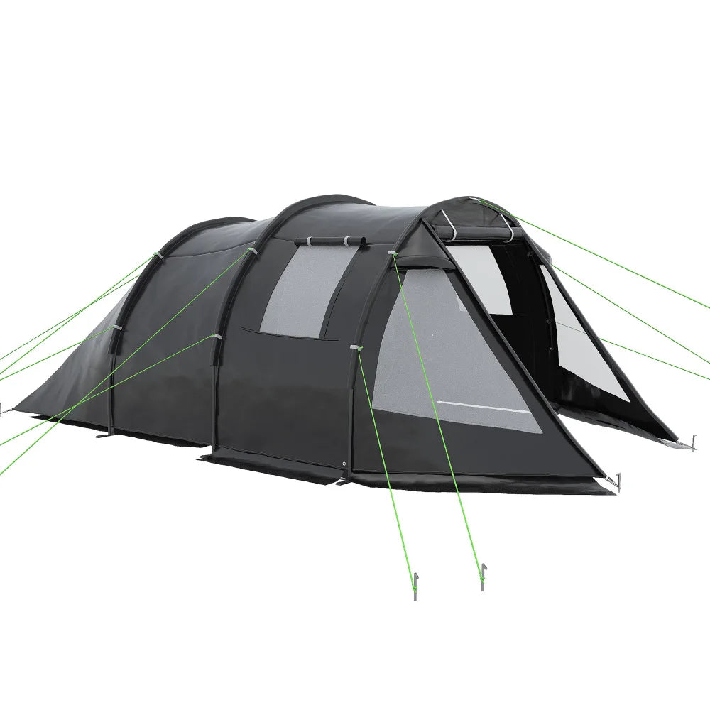 Tunneltent – Campingtent - 4-Persoons Tent – Kampeertent – Gezinstent – Waterdicht – 2 Gescheiden Ruimtes – Glasvezelstokken - 475 x 264 x 172 cm - Zwart