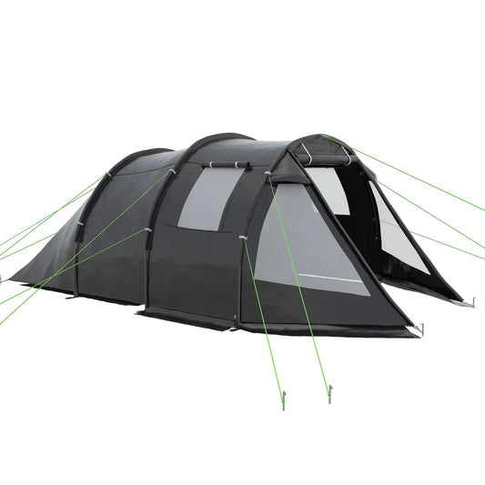 Tunneltent – Campingtent - 4-Persoons Tent – Kampeertent – Gezinstent – Waterdicht – 2 Gescheiden Ruimtes – Glasvezelstokken - 475 x 264 x 172 cm - Zwart
