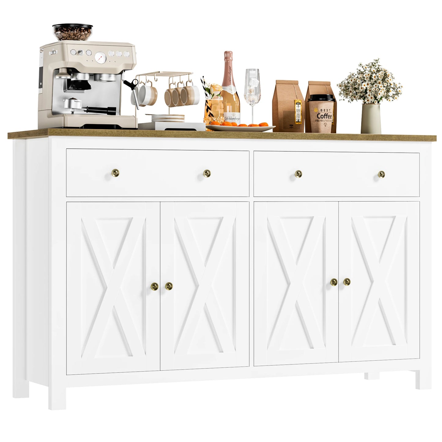 Sideboard – Dressoir – Opbergkast – Buffetkast – Witte Kastenmeubel – 140x40x89 cm – Eikenhouten Blad – Anti-Kantel Systeem