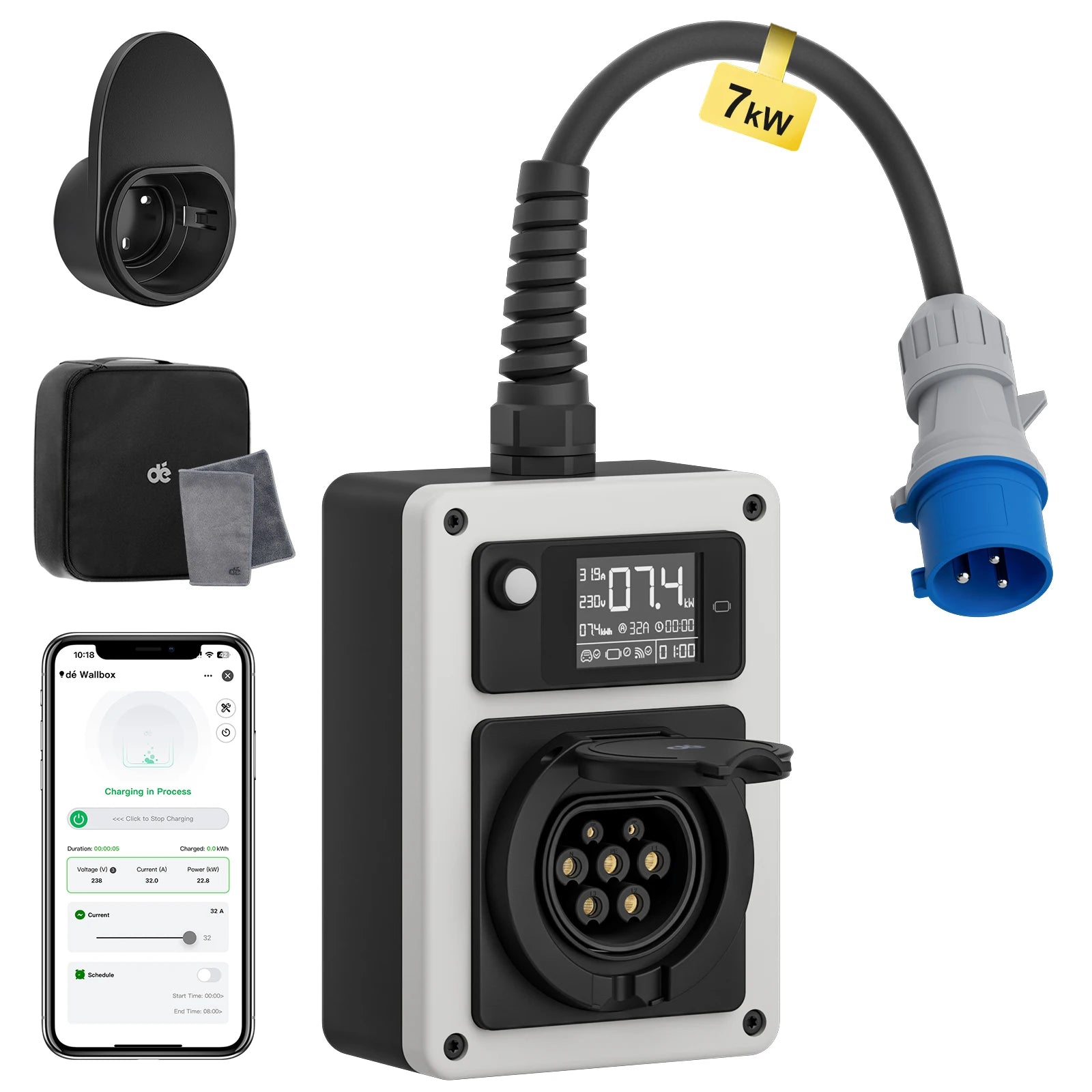 Mobiele Wallbox – Laadstation – EV Charger – Oplaadpaal – Mobiel Laadpunt – 7,4 kW 32A 1-fase – App Bediening en CEE Plug naar Type 2 - QUORE