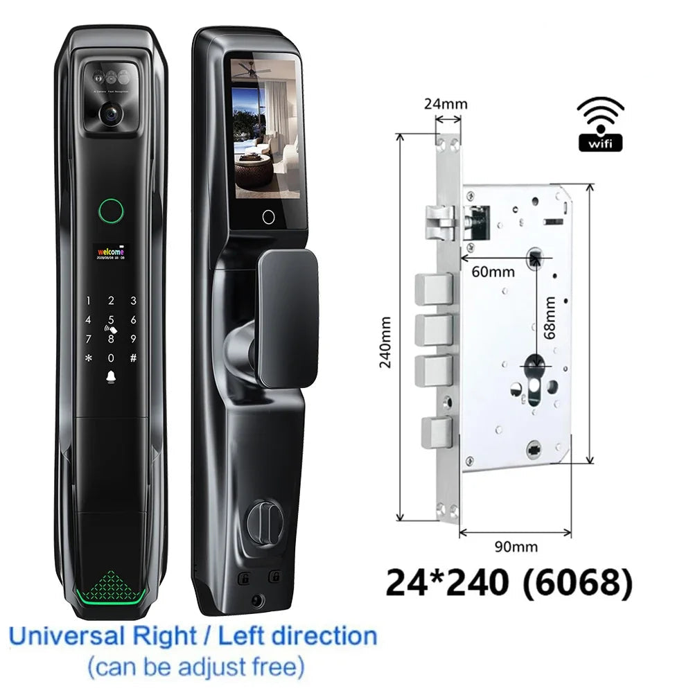 Smart Deurslot – Slim Deurslot – Elektronisch Slot – Deurslot Met Gezichtsherkenning – Video Deurbel – Aluminium Behuizing – Vingerafdruk & App Ontgrendeling - 24x240 - 6068 Insteekslot - QUORE