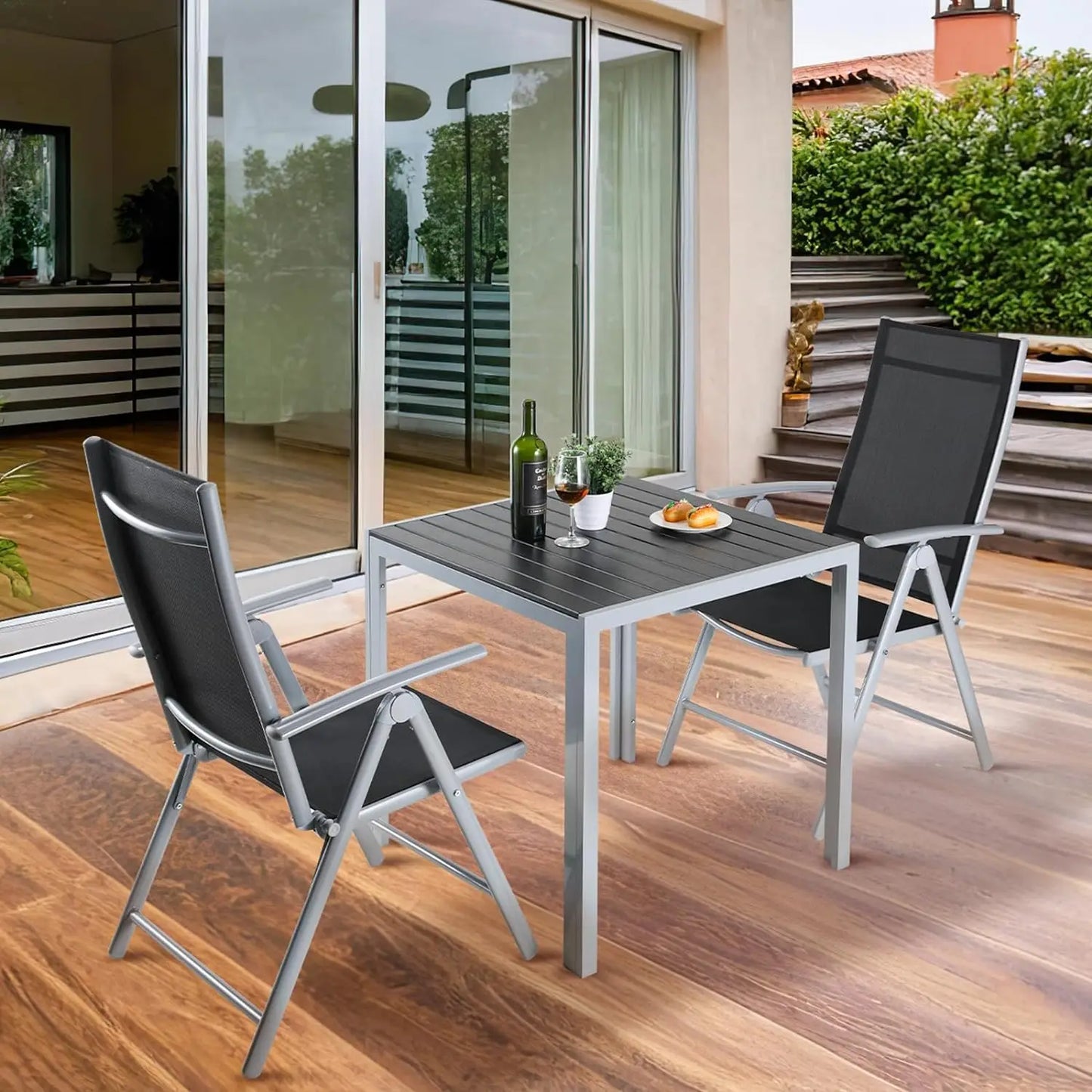 Tuinmeubelset – 3-Delige Tuinset – Patio Dinerset - Tuinmeubel – Balkonset – Terrasmeubilair – Aluminium Frame – 7-Standen Verstelbare Stoelen - Zwarte & Zilveren Rand
