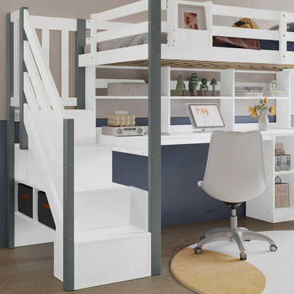 Hoogslaper – Metalen Bed – Eenpersoonsbed – Mezzanine – Kinderbed – 140x200 cm – Integraal Bureau & Opbergruimte – USB Oplaadstation met LED Verlichting