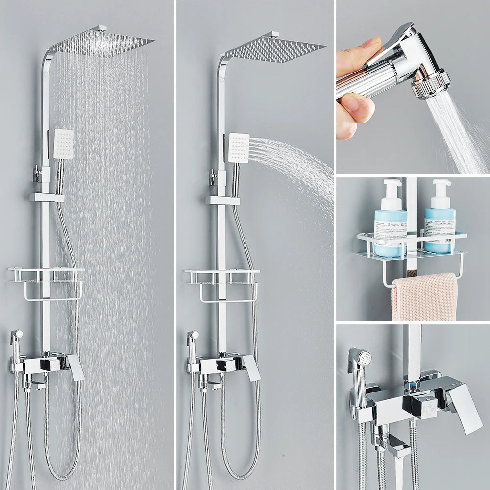Regendouche - Douchekraan - Douchepaneel - Douche - 8 Inch Douchekop, Inbouw Wandmontage en Opbergplank - met Bidetfunctie - Zwart - QUORE