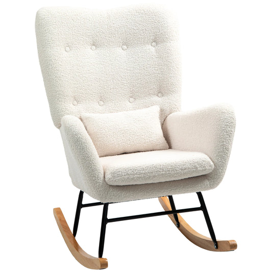 Schommelstoel – Relaxstoel – Schommelstoel Voor Binnen – Lounge Stoel – Teddy Stof – Verstelbare Schommelhoek – Metalen Frame - 69 x 92 x 100 cm - Crèmewit