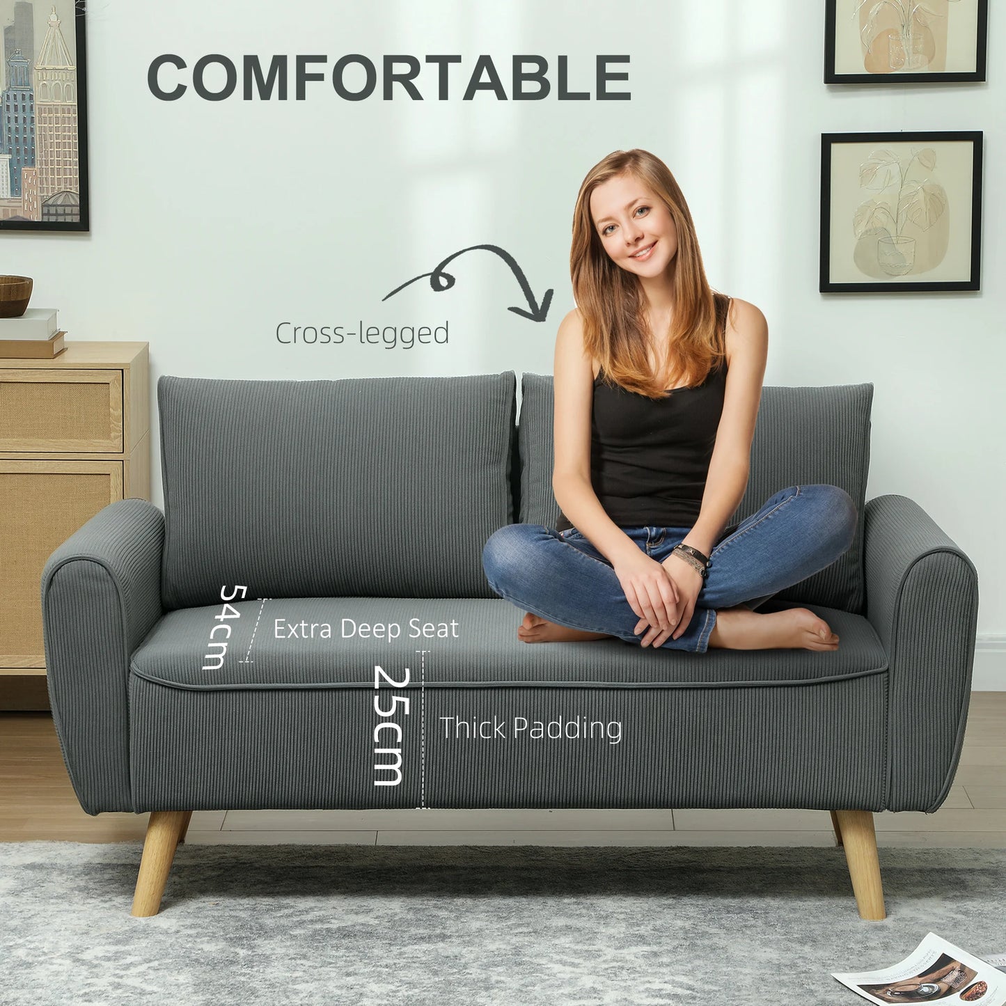 2-zits bank – tweezitsbank – zitbank – loveseat – compacte bank – donkergrijs – extra diepe zit 54 cm – cordstof met houten frame