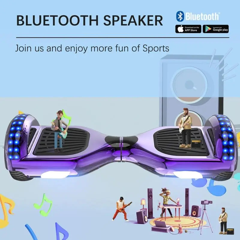 RCB - Hoverboard - Oxboard - voor Kinderen en Volwassenen - 6,5 inch - Kleurrijke LED-verlichting - Segways met Bluetooth - Chroom Paars - QUORE