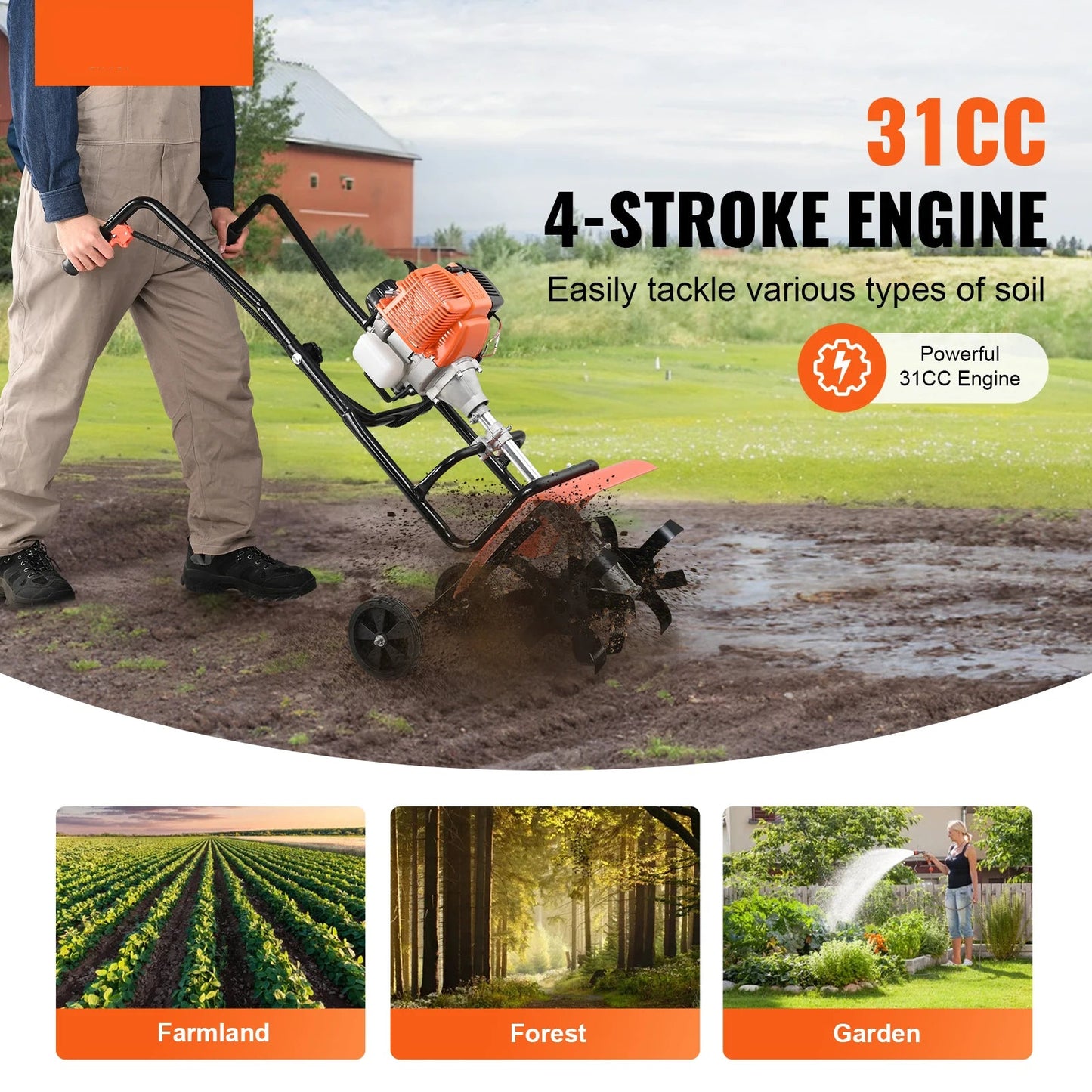 Benzine Tuinfrees - Grondfrees - Frees - Cultivator - Tuingereedschap - 31cc Motor – 4 Verstelbare Stalen Tanden - Bodemfrees - Tuinploeg - Grondfreesmachine - Geschikt voor Tuin, Gazon & Bodembewerking - QUORE