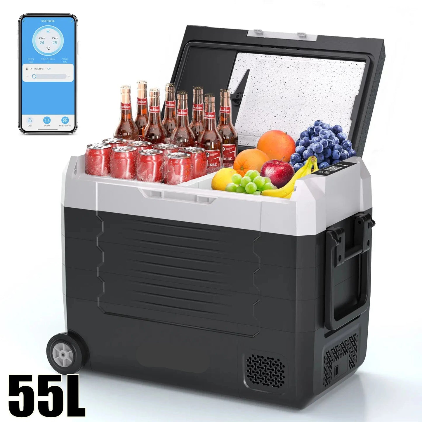 Elektrische Koelbox - Refrigerator - Frigobox - Vriezer - Auto Koelkast - Compressor Koelbox - 55L - Dual Zone Vriezer & Koeler - 12V / 24V DC, 100-240V AC - met Wielen en App-bediening - Voor Camping en Reizen