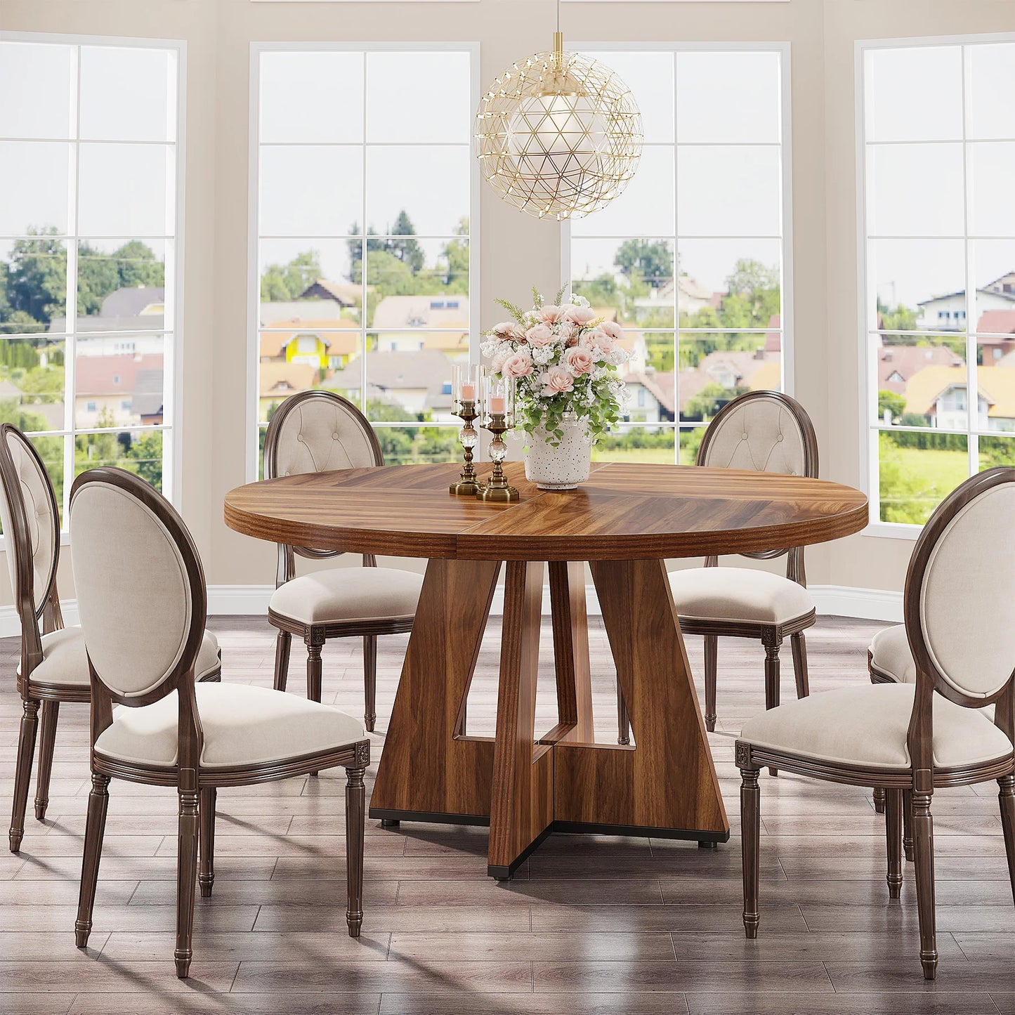 Ronde Eettafel – Rond Tafel – Eettafel Voor 6 Personen – Landelijke Eettafel – MDF Tafel – 120 Cm Diameter – Waterbestendig Blad - 120 x 120 x 75 cm - Bruin