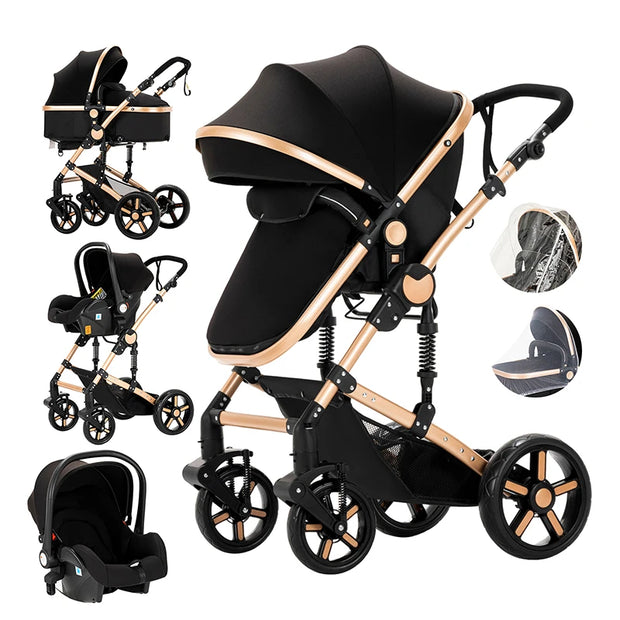 Kinderwagen – Wandelwagen - Opvouwbaar - Babywagen – 3-in-1 - Multifunctioneel - Lichtgewicht - Comfortabel - Veilig – Schokabsorptie - Zwart Goud