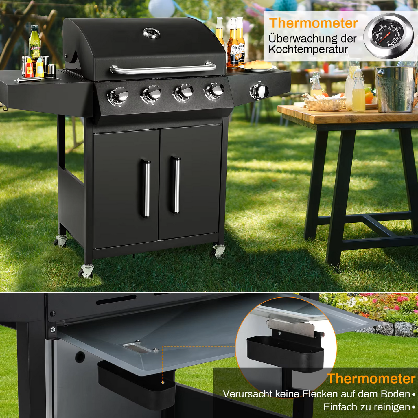 Gasbarbecue - BBQ-grill - Rookloze Barbecue - met Zijbrander - RVS Paneel - Thermometer - Groot Kookoppervlak - 52,000 BTU - 135 x 44 x 136 cm - Zwart