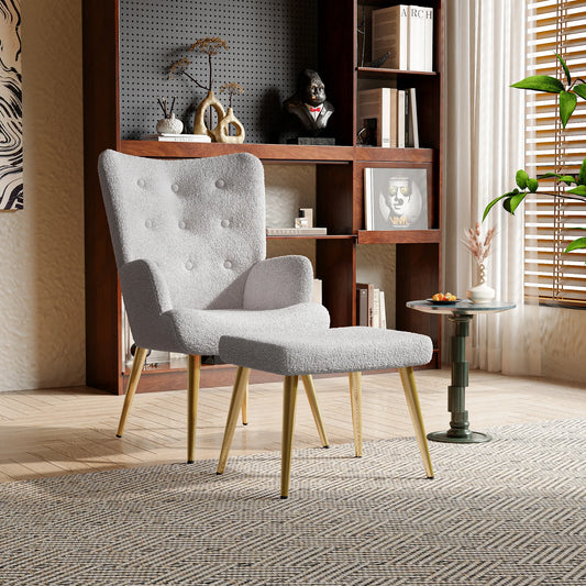 Relaxstoel – Fauteuil – Leesstoel – Zitstoel – Moderne Design – Teddyvelours Bekleding – Inclusief Hocker
