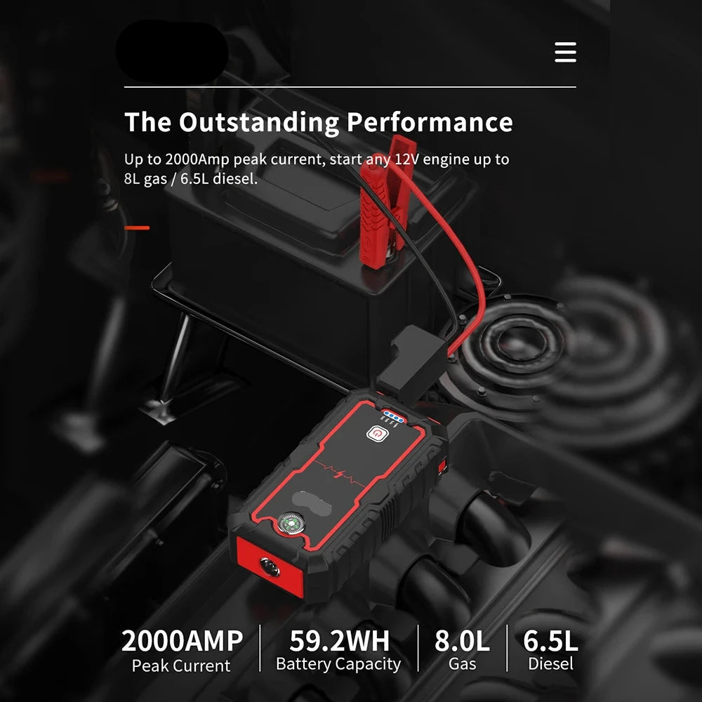 Jumpstarter - Jumpstarter for car - 10W - 2000A - With compressor - Jumpstarter with Powerbank, SOS emergency lighting - For 8.0L/6.0L emergency battery in car - Black
