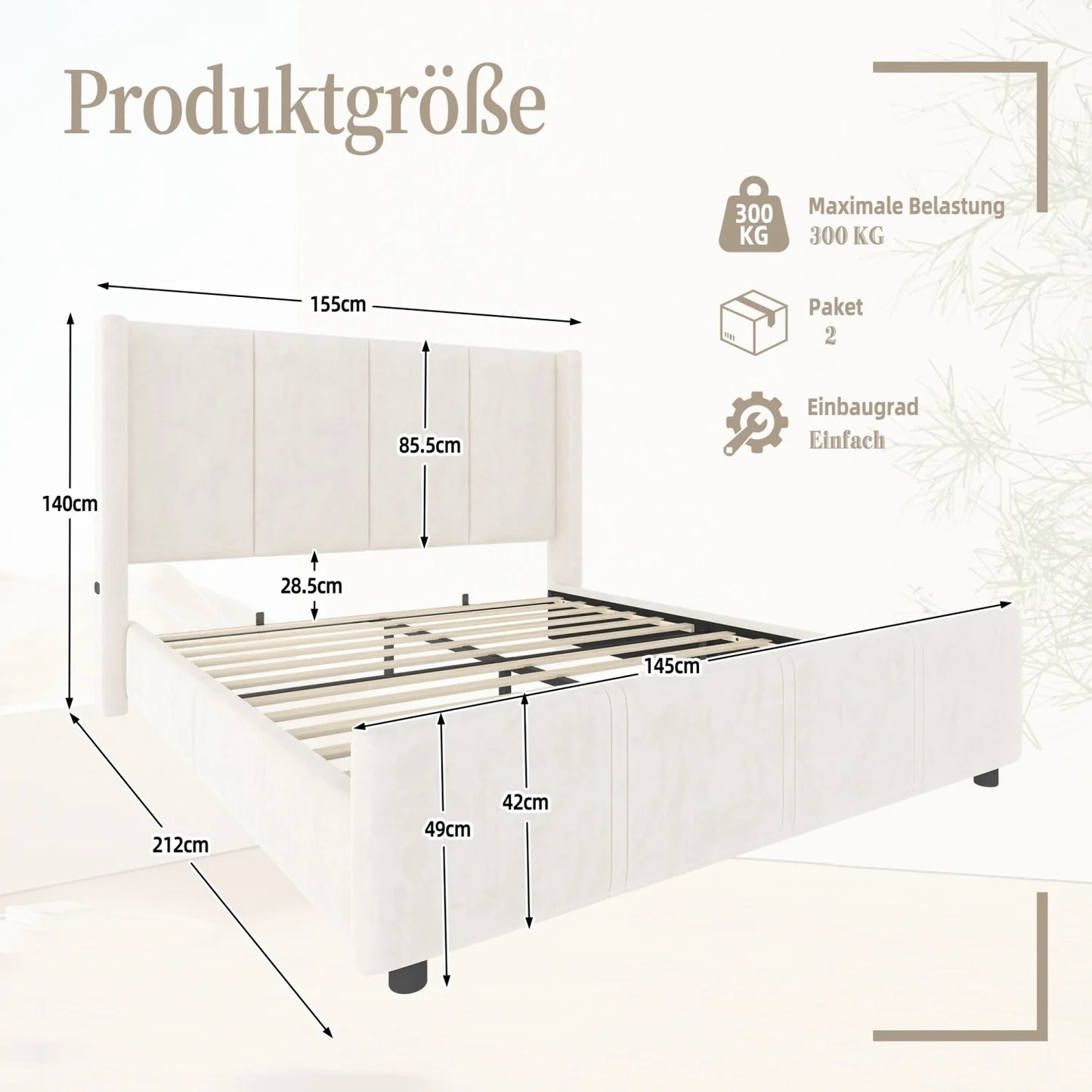 Boxspringbed – Bedframe – Boxspring – Slaapbed – Bed – 140x200 cm – Velvet Bekleding – Ingebouwde USB-poorten