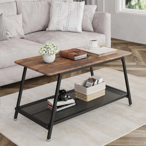 Industrial Coffee Table – 2-Layer Design – Metal Frame – Wood Look – With Storage Rack – Rustic Brown