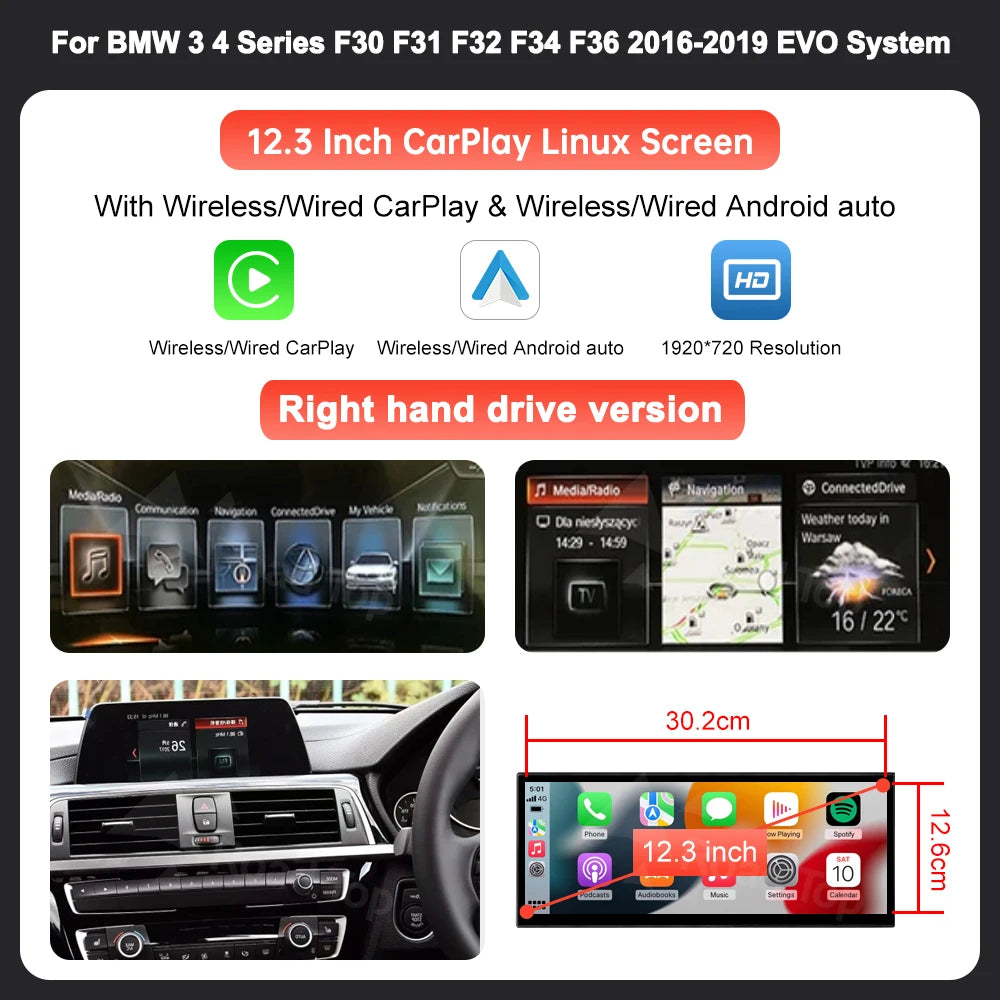 12.3" Car Multimedia Display Screen Wireless Carplay Android Auto For BMW 1 2 3 4 Series F20 F21 F22 F23 F30 F31 F33 F36 NBT EVO