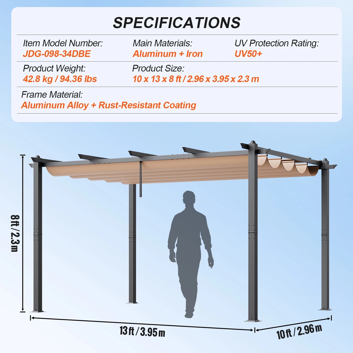 Uitschuifbare Pergola – Buitenoverkapping – Schaduwdoek – Aluminium Frame – UV50+ Bescherming – 3x3 Meter – Eenvoudige Montage - 10x13ft