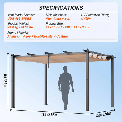 Uitschuifbare Pergola – Buitenoverkapping – Schaduwdoek – Aluminium Frame – UV50+ Bescherming – 3x3 Meter – Eenvoudige Montage - 10x13ft