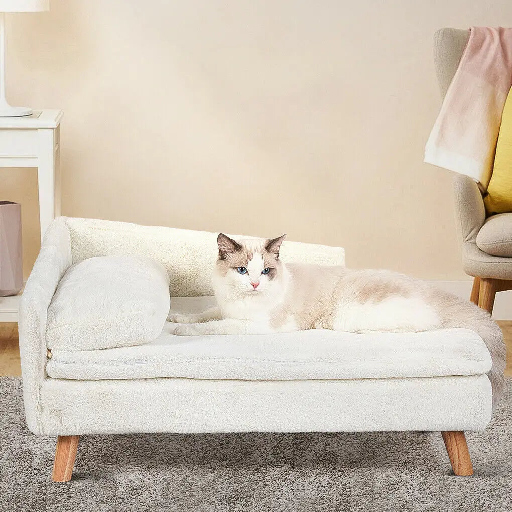 Hondenbed - Hondenbench - Hondensofa - Hondenmand - Verhoogd - met Houten Poten - Middelgrote L-vormige Honden- of Kattenbank met Zachte Kussen & Pluche Bekleding