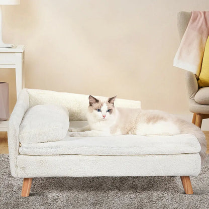 Hondenbed - Hondenbench - Hondensofa - Hondenmand - Verhoogd - met Houten Poten - Kleine L-vormige Honden- of Kattenbank met Zachte Kussen & Pluche Bekleding
