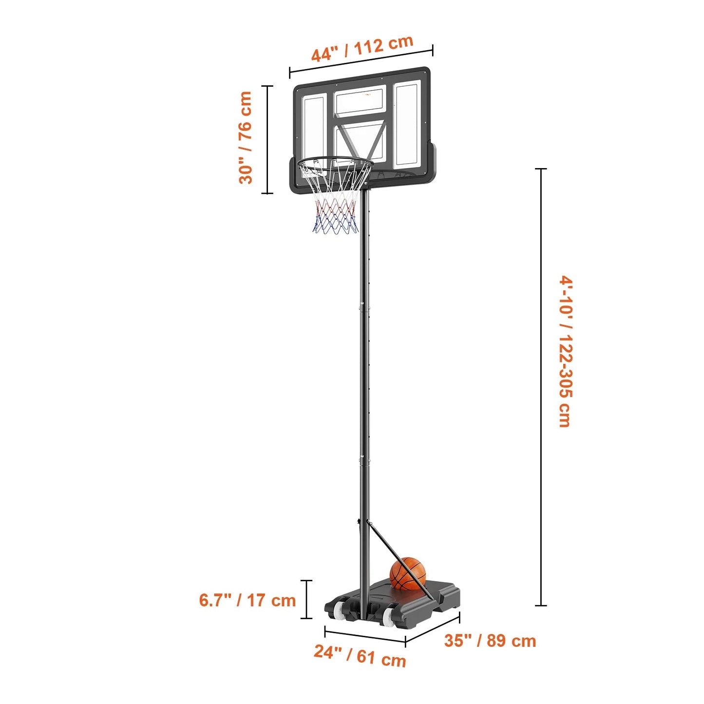 Basketbalstandaard - Basketbalpaal - Basketbalring - 4-10 ft - voor Tiener - Volwassene - In Hoogte Verstelbaar - Draagbare - met Wielen - Standaard Invulbare - voor Buiten - Tuin - Achtertuin - Basketbalveld
