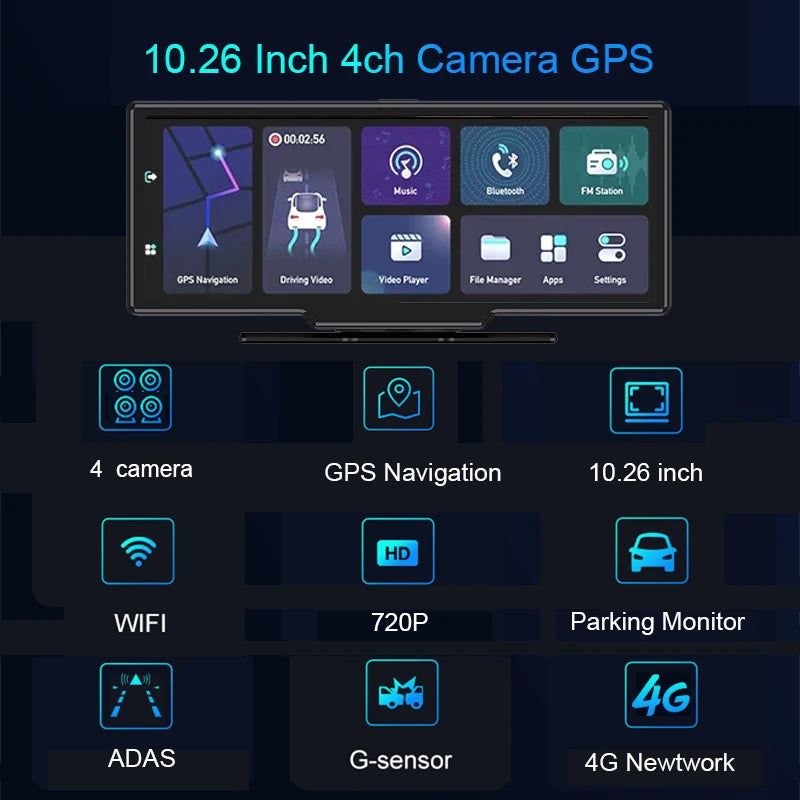 Dashcam voor Auto - 10.26” Touchscreen Dashcam - 4 Camera’s - 4G Android 8.1 - 360° Panorama - GPS & ADAS - Parkeermodus - Zwart