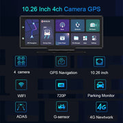 Dashcam voor Auto - 10.26” Touchscreen Dashcam - 4 Camera’s - 4G Android 8.1 - 360° Panorama - GPS & ADAS - Parkeermodus - Zwart