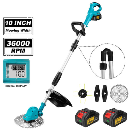 Accugrasmaaier - Elektrische Grasmaaiers - Gazontrimmer - Grastrimmer - met Krachtige Borstelloze Motor - In Lengte Verstelbaar - met 2 x 18V Batterij - 36000 RPM - 9inch Snijbreedte - Accessoires - voor Tuin - Gazon - Blauw