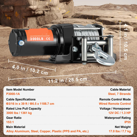 Elektrische lier - Lier - Tackle - Elektrische takel - Staalkabellier - 3000lbs - met 39 ft kabelrol - Bedrade afstandsbediening - voor off-road slepen