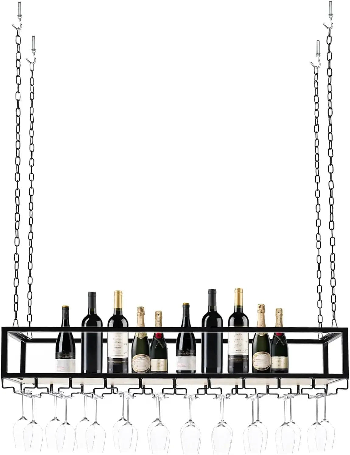 Hangend Wijnrek – Plafond Wijnrek – Wijnhouder – Wijnrek Met Glazenhouder – Drijvend Wijnrek – Mat Zwart – Industrieel IJzer – Verstelbare Ophangkettingen