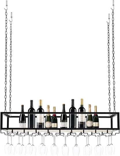 Hangend Wijnrek – Plafond Wijnrek – Wijnhouder – Wijnrek Met Glazenhouder – Drijvend Wijnrek – Mat Zwart – Industrieel IJzer – Verstelbare Ophangkettingen