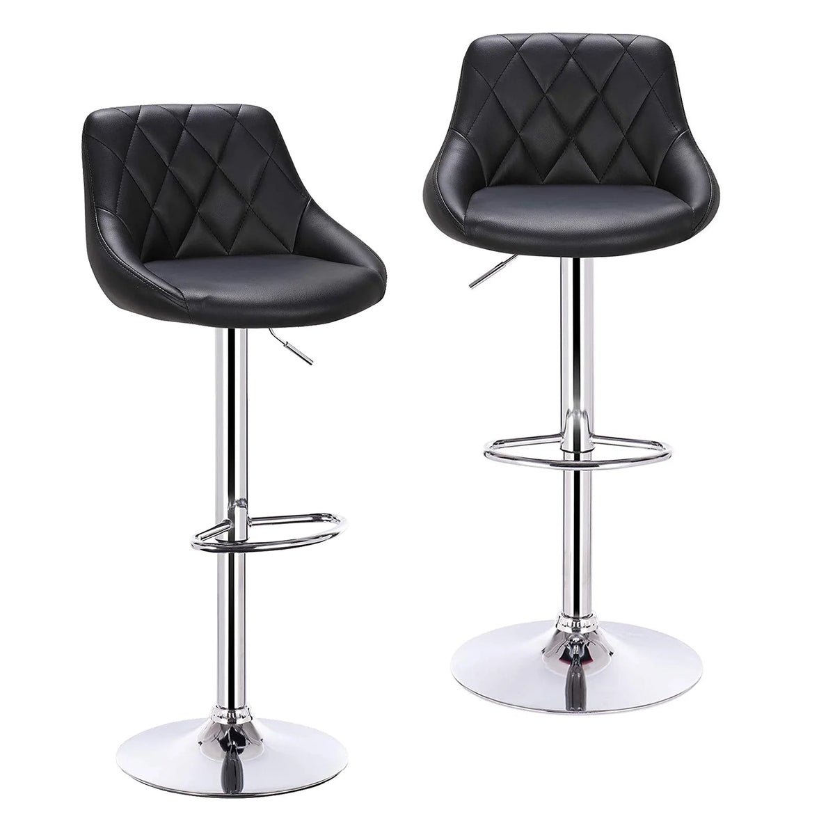 Verstelbare barkruk – Stoel - Barkruk - Rugleuning - Set Van 2 - Barkrukken met Rugleuning – Lederen - Velvet Zitting - Instelbaar met Voetsteun - Zwart Leer - QUORE
