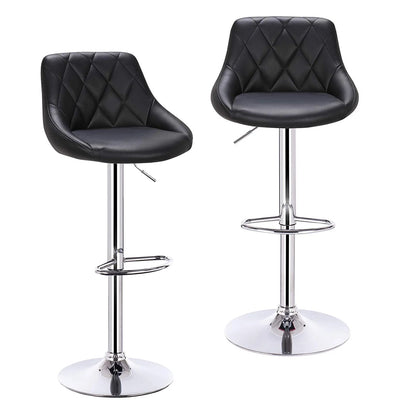 Verstelbare barkruk – Stoel - Barkruk - Rugleuning - Set Van 2 - Barkrukken met Rugleuning – Lederen - Velvet Zitting - Instelbaar met Voetsteun - Zwart Leer - QUORE