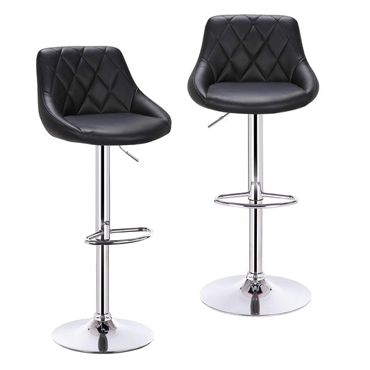 Verstelbare barkruk – Stoel - Barkruk - Rugleuning - Set Van 2 - Barkrukken met Rugleuning – Lederen - Velvet Zitting - Instelbaar met Voetsteun - Zwart Leer - QUORE