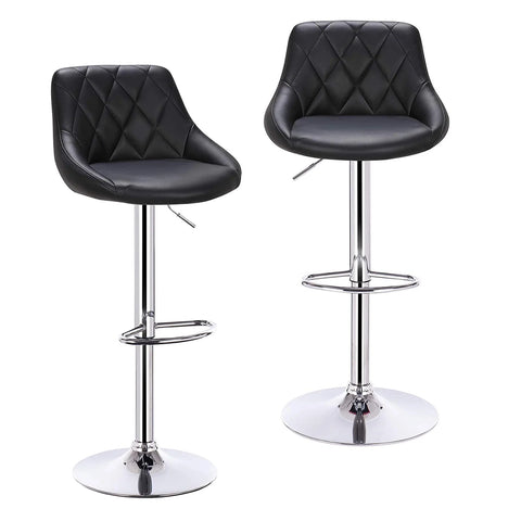 Adjustable Bar Stool - Chair - Bar Stool - Backrest - Set of 2 - Bar Stools with Backrest - Leather - Velvet Seat - Adjustable with Footrest - Black Leather