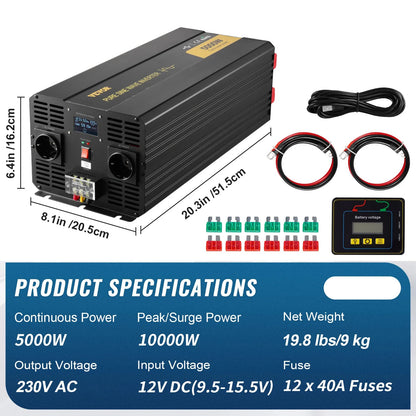 Zuivere Sinus Omvormer – 5000W Omvormer – 12V Naar 230V – Camper Omvormer – 4 Stopcontacten – LCD Display – Overbelasting Beveiliging