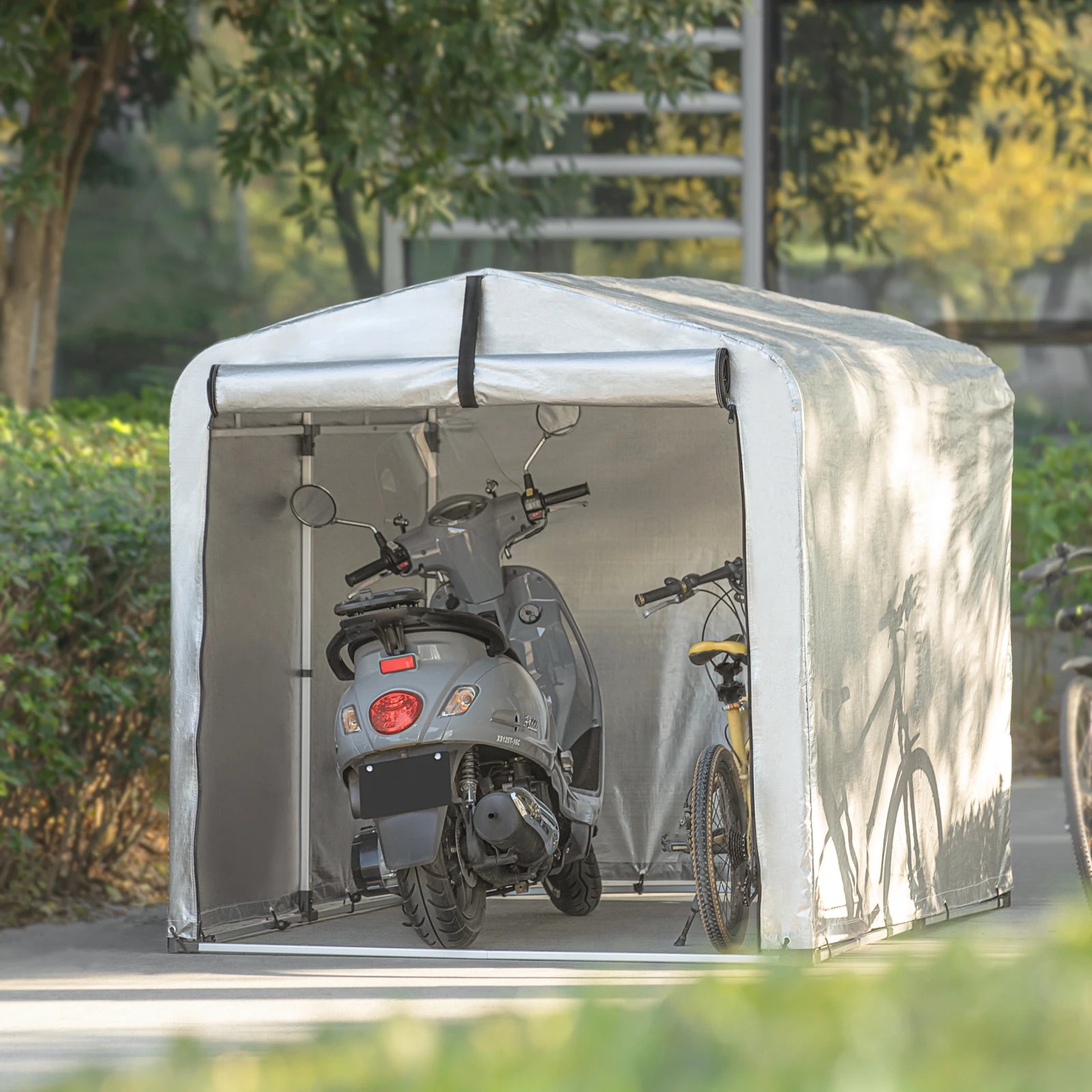 Fietsenstalling – Fietsberging – Fietsenhok – Gereedschapsschuur – Tuinberging – Grijs – Aluminium Frame – Waterdichte PE Cover – 159x165x219 cm - QUORE