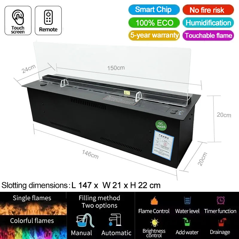 Waterverdamper Openhaard – Waterdamp Haard – Elektrische Openhaard – 3D Vlam Decoratie – Inbouw Openhaard – Automatisch Waterbeheer – Kleurrijke LED Vlammen – 1500mm Luxe Design