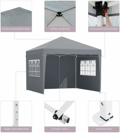 Partytent 3x3m – Vouwtent – Tent – Overkapping – Paviljoen – Waterafstotend Oxford Polyester – Verstelbare Hoogte Donkergrijs - QUORE