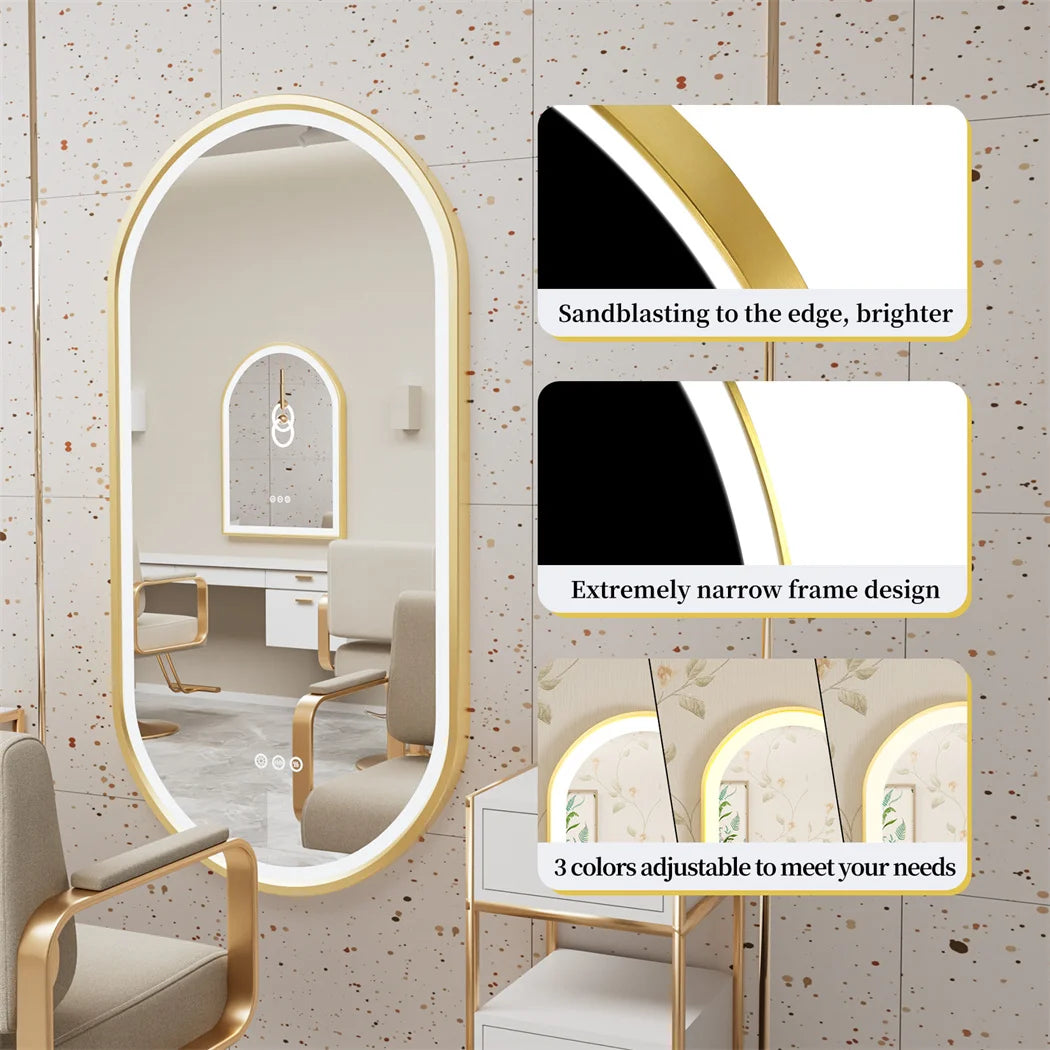 Badkamer Spiegel - Ovalen LED - Wandspiegel - Gouden Aluminium Frame - met Demister Pad - 3 Lichteffecten - 80x50CM