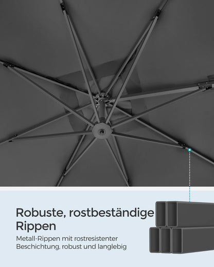Parasol – Tuinparasol – Terrasparasol – Zonneparasol – Rond – 290x290 Cm – 360° Draaibaar - Rookgrijs - QUORE