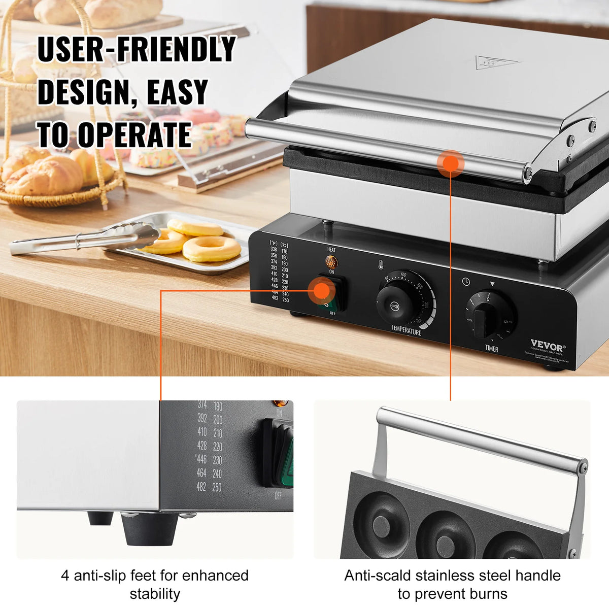VEVOR Electric Donut Maker 2000W Commercial Doughnut Machine with Non-stick Surface Double-Sided Heating Waffle Doughnut Machine