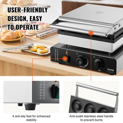 VEVOR Electric Donut Maker 2000W Commercial Doughnut Machine with Non-stick Surface Double-Sided Heating Waffle Doughnut Machine
