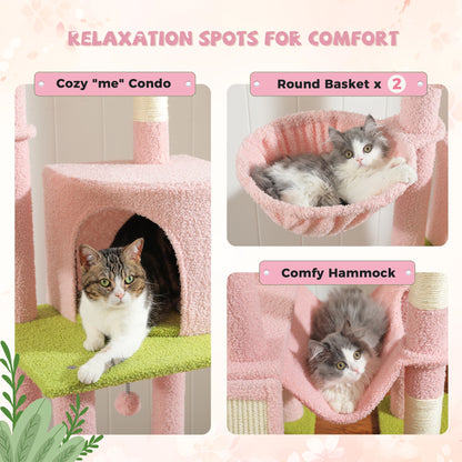 Kattenboom – Krabpaal - Katten Klimmuur - Kattenmeubel - met Hangmatten en Huisjes - Verstelbare Hoogte - 216-285cm - Sisal Krabpalen - Groen