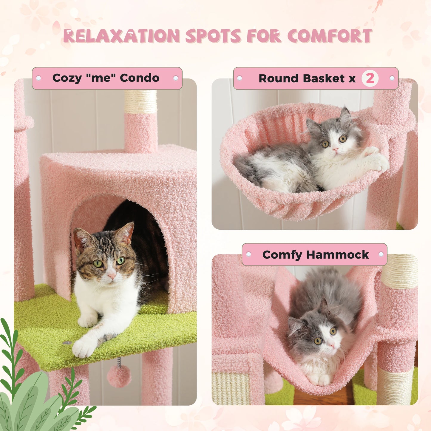 Kattenboom – Krabpaal - Katten Klimmuur - Kattenmeubel - met Hangmatten en Huisjes - Verstelbare Hoogte - 216-285cm - Sisal Krabpalen - Roze