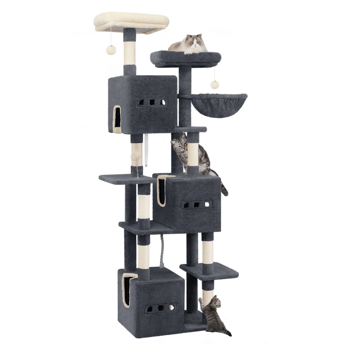 193cm Large Cat Tree, XXL Cat Climbing Frame, 7-Tier Cat Tree with 7 Scratching Posts, 3 Caves, 3 Pom Poms, and 2 Platforms